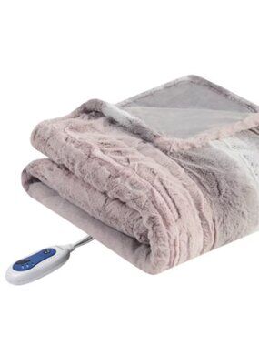 Beautyrest - 50"x70" Marselle Oversized Faux Fur Electric Throw - Blush/Gray